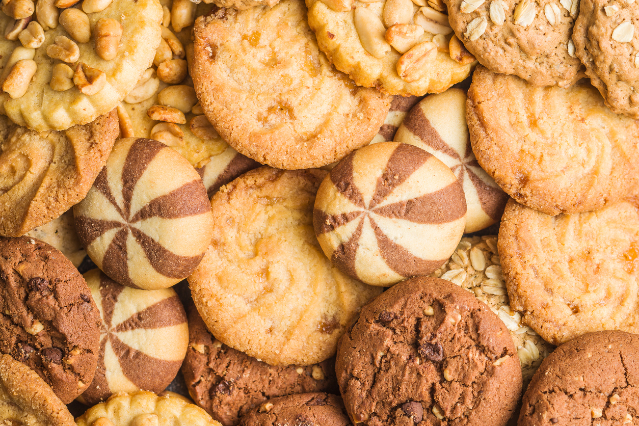 Different types of sweet cookies. Tasty biscuits.
